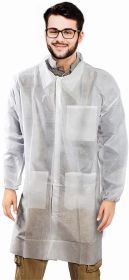 Basic Protection Lab Coats Large. Pack of 10 White Adult Frocks. Disposable Polypropylene Garment. Non-Sterile Cloth-Like Fabric Coats with Pockets an