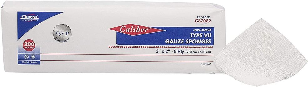 Type VII Gauze Sponges 2" x 2". Pack of 200 Woven Gauze Dressings 8-ply. Non-sterile; 100% Cotton Gauze for Wound Cleaning; Prepping; Debriding; Packi